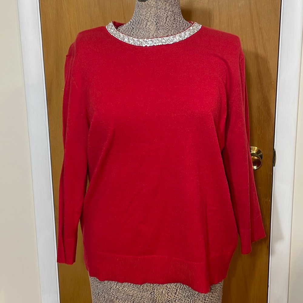 Liz Claiborne Career Womens XL Red Sweater Gem Crew Neckline 3/4 Sleeves